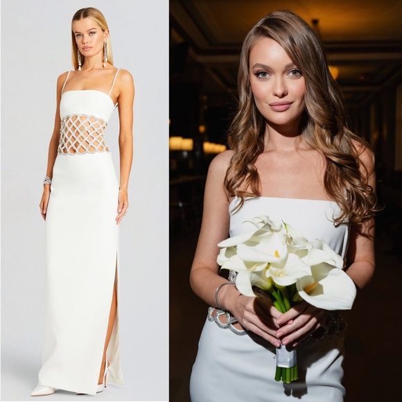 NWT RETROFETE Crystal & Pearl Embellished Lattice Waist Cutout Sleeveless Gown S - Picture 4 of 11